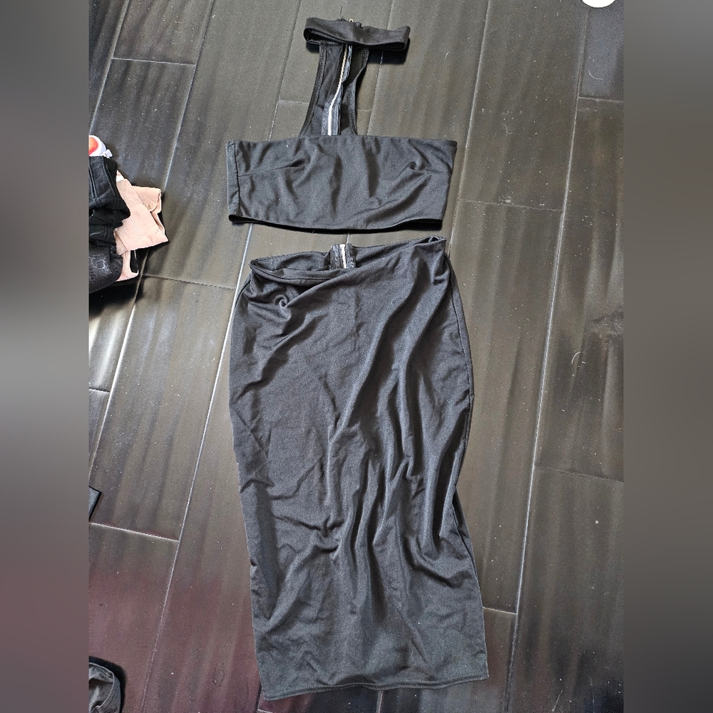 Black choker bandeau bodycon midi skirt set 2 piece large